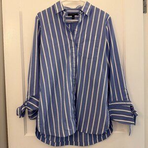 Tunic-length Striped Button Down Shirt with Tie Cuffs